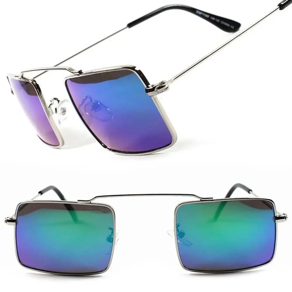 Small Rectangle Sunglasses Silver Frame Green Purple Mirrored Lens